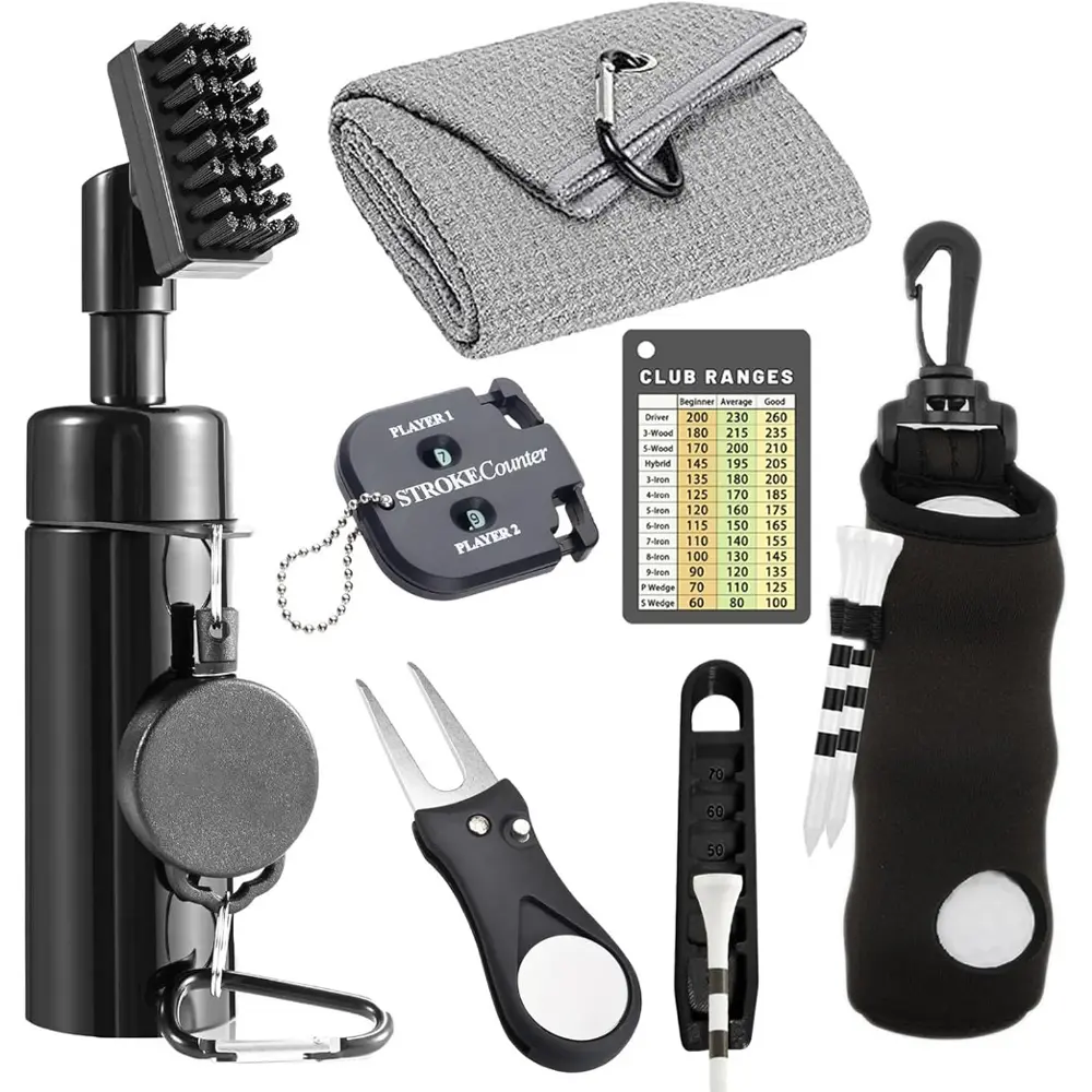 Professional Golf Club Accessory Set, Portable Telescopic 2-in-1 Cleaning Brush with Water Storage, Includes Towel, Ball Bag, Divot Repair Tool, Scorecard, Range Distance Card, Tee Lifter, Unisex Golf Accessories, Golf Gear, Golf Supply, Golf Gadgets