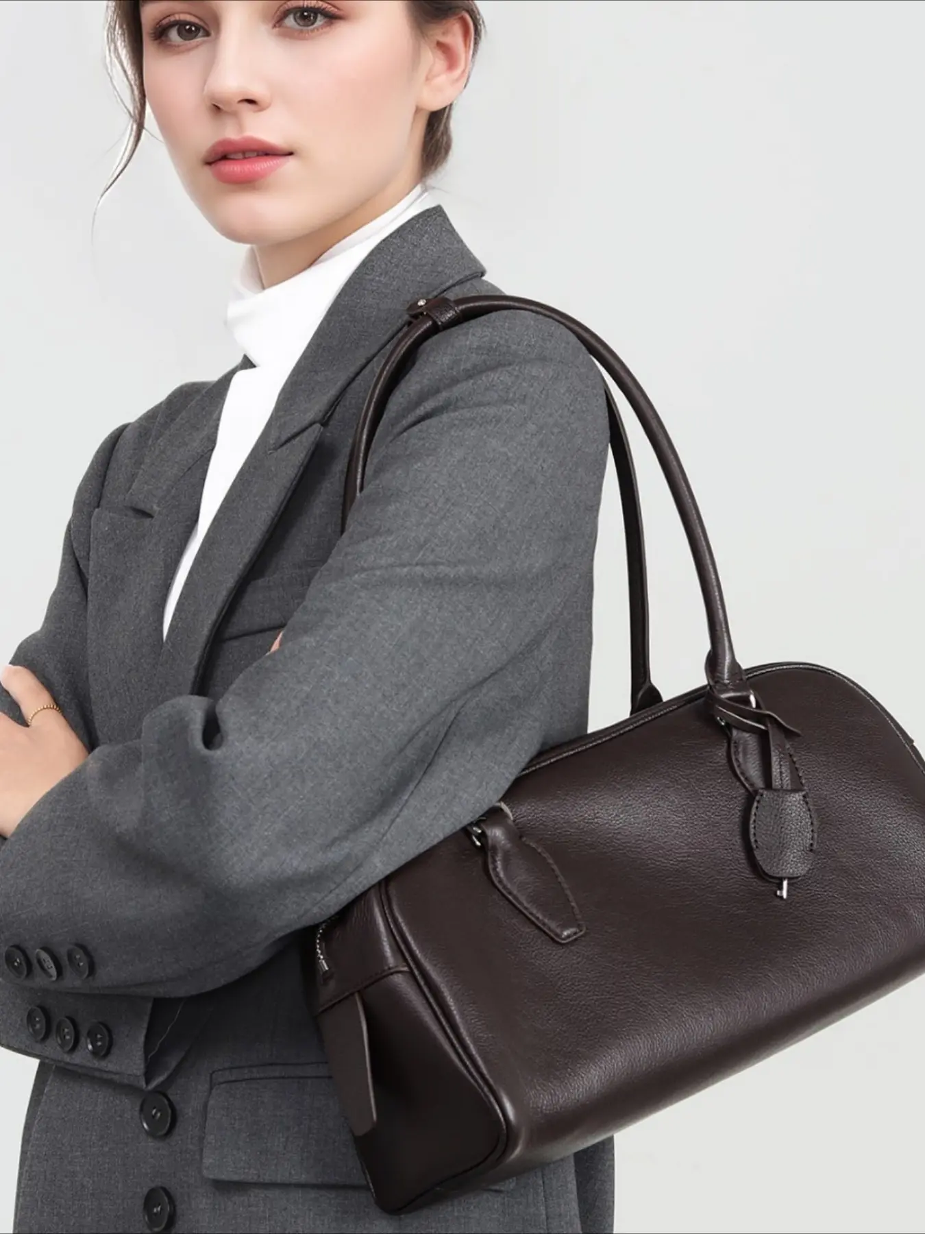 TR new first-layer cowhide bowling bag minimalist lazy style india long handle underarm bag commuting versatile bag