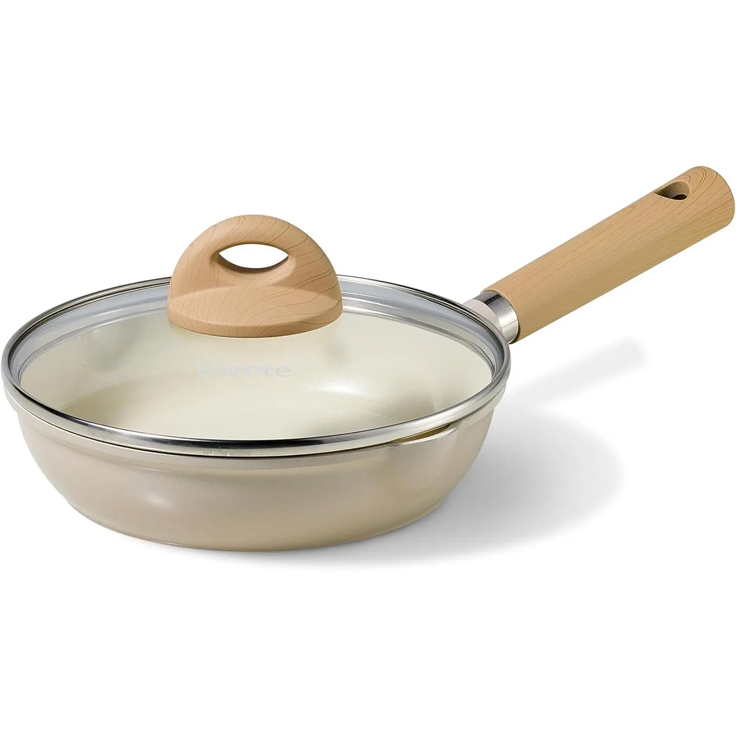 8 Inch Ceramic Frying Pan with Lid, Non Stick Skillet Chef's Pan, Healthy Cooking, PFOA & PFAS Free, Suitable for Induction Cooktops, Taupe