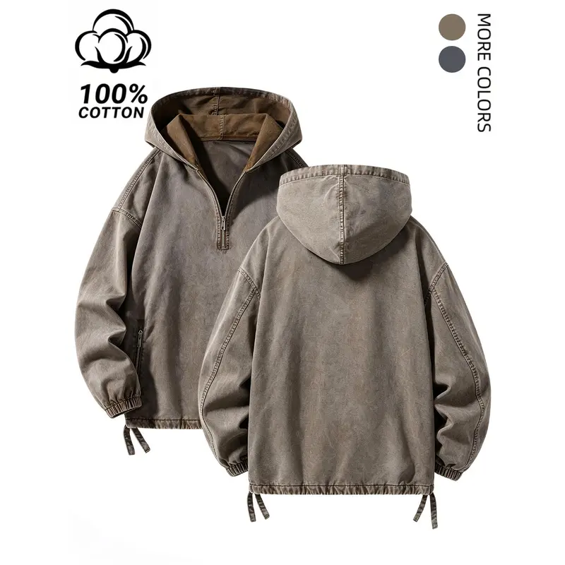 Cotton washed hooded sweatshirt, men's spring, V-neck design loose fit; Washed denim jacket, retro half zip closure, zip pockets, elastic hem and elastic cuffs; Made of soft, comfortable, and breathable fabric, suitable for daily wear
