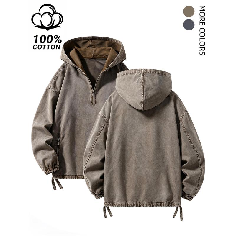 Cotton washed hooded sweatshirt, men's spring, V-neck design loose fit; Washed denim jacket, retro half zip closure, zip pockets, elastic hem and elastic cuffs; Made of soft, comfortable, and breathable fabric, suitable for daily wear