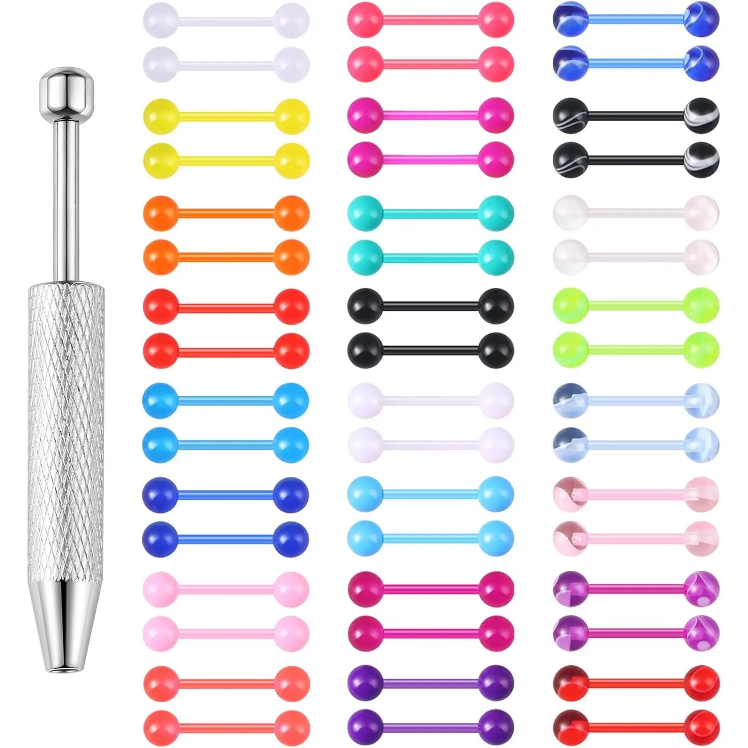 48PCS 14G Glow in Dark Tongue Rings – Acrylic Flexible Barbell Set, Candy Color Piercing Jewelry for Women