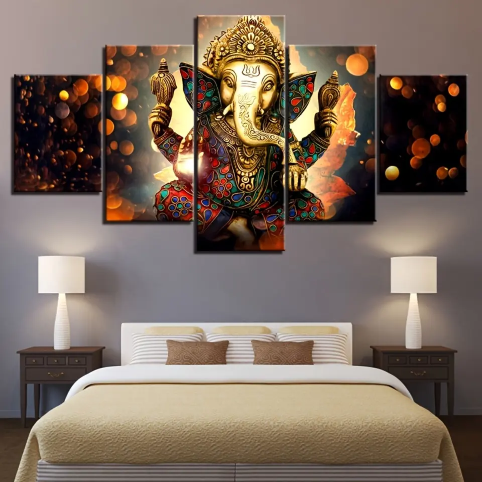 Artistic Minimalist Elephant-Nosed Buddha 5-Piece Framed Canvas Wall Artwork - Waterproof, Ready To Hang - For Living Room, Bedroom - Gift Idea For Housewarming, Christmas, New Year - Home Decor,wall decor,art print,prints for wall decor