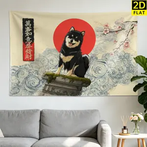 Japanese Shiba Inu Sakura Blossom Sun Wall tapestry, Large size Printed Horizontal Tapestry blanket, Polyester Fabric Wall Hanging for living room, bedroom, No Installation Required, Indoor, Outdoor, Gift for Family and Friends