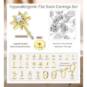 1pc Earrings Surgical Stainless Steel Earrings for Women Dainty Flat Back Earring Stud Hoop Cartilage for Sensitive Ears