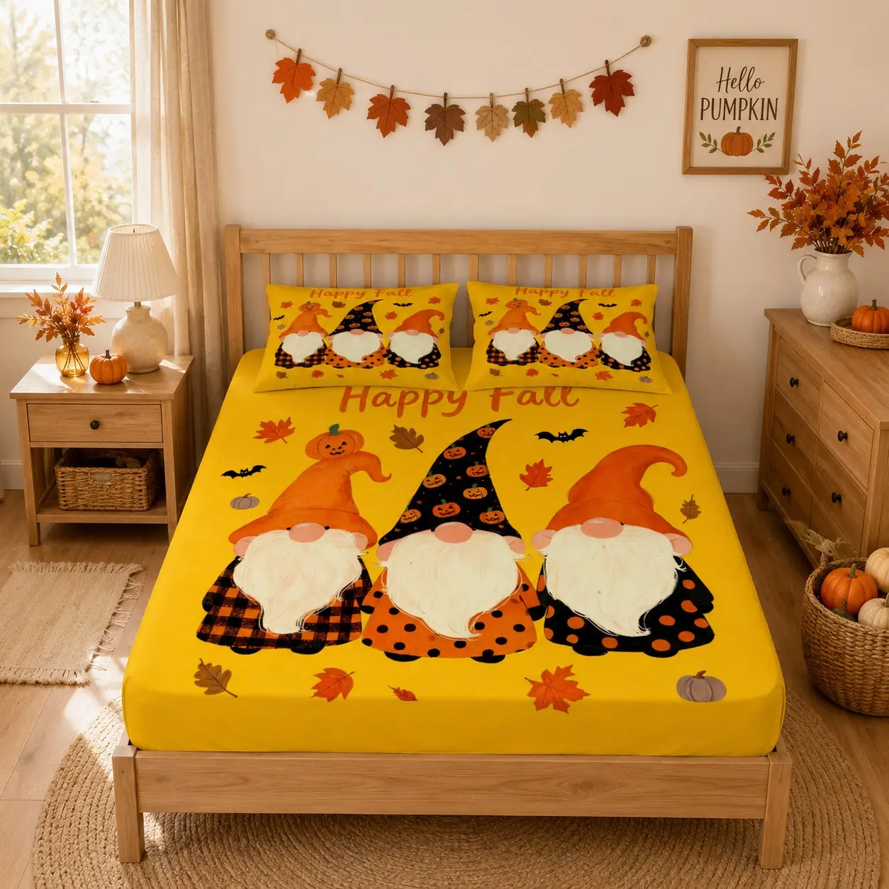 Happy Fall Pumpkin Gnome Fitted Sheet 3 Piece Set (1 Fitted Sheet + 2 Pillowcases), Deep Pocket Bedding, Soft Breathable Microfiber, Breathable Sheets, for Girls / Teens Bedroom Decor, Gift for Halloween & Thanksgiving