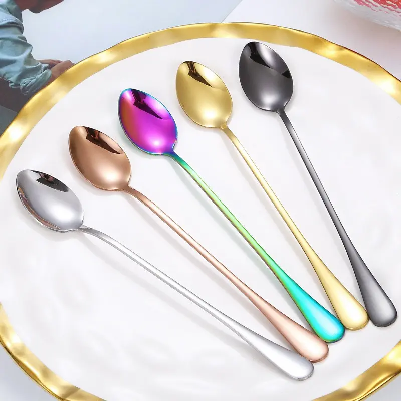 6-Piece Long Handle Ice Tea Spoons, Stainless Steel Coffee Stirrers, Rainbow Color Boba Tea Spoons, Reusable Kitchen Drinkware