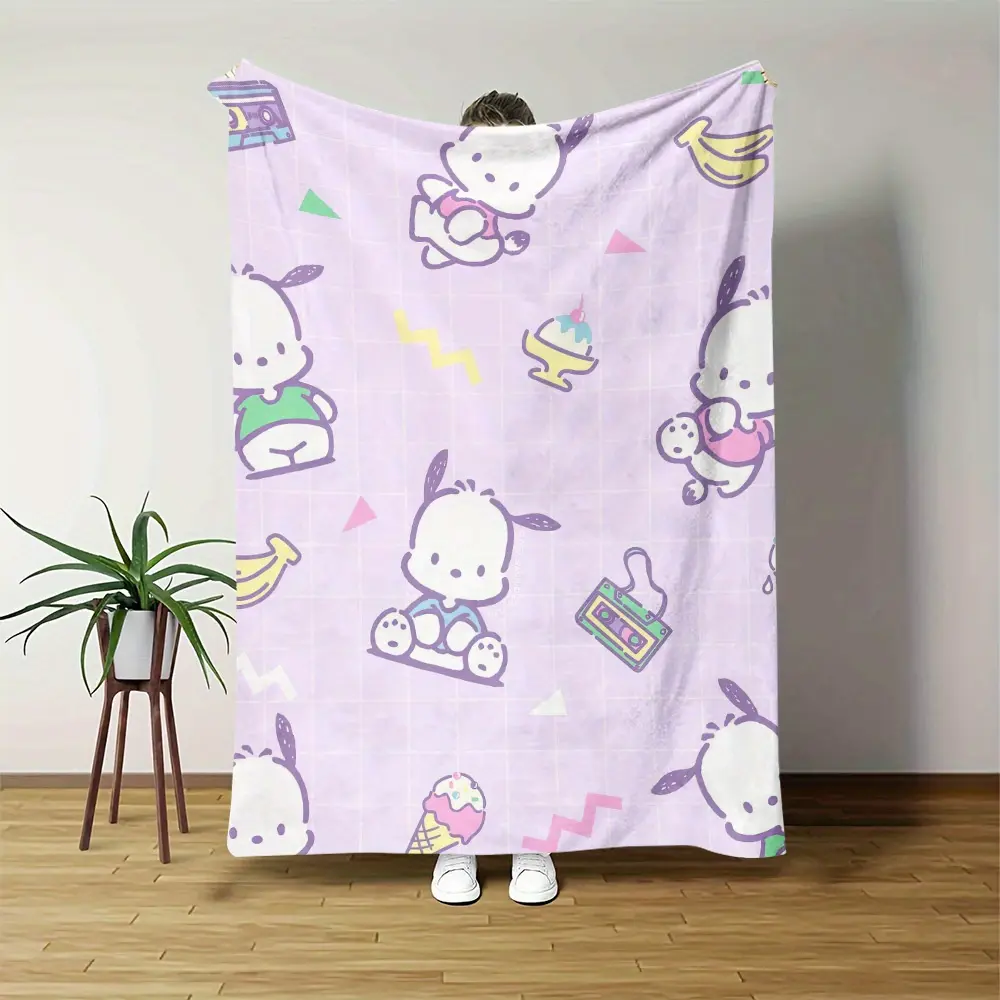 Pochacco All Over Print Flannel Throw Blanket Pastel Purple Grid Background Banana Ice Cream Cassette Tape Triangle Cartoon Soft Fleece Blanket Teen Girls Nursery Sofa Decor Gift for Sanrio Kawaii Fans