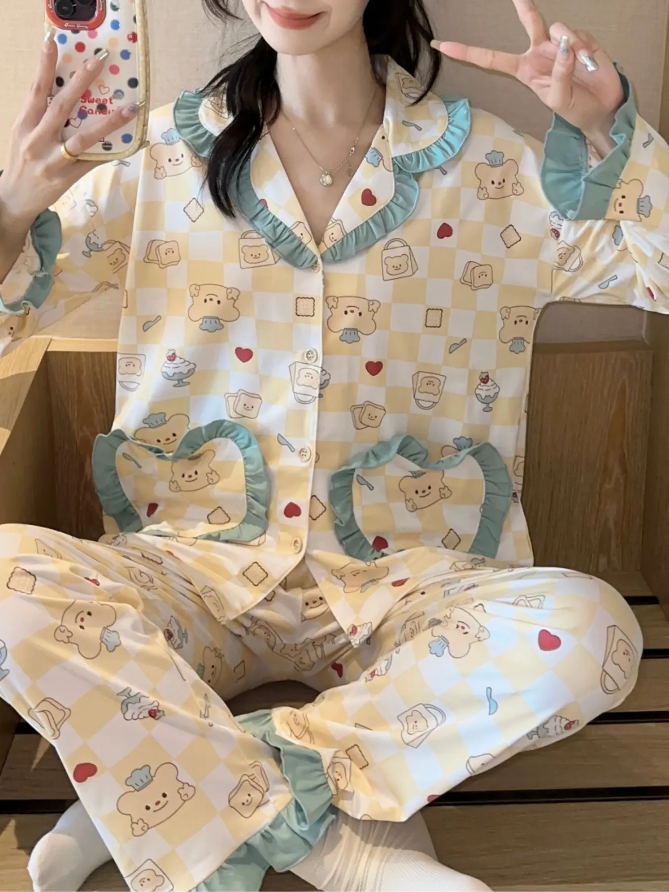 New Women's 2-Piece Pajama Set, Open Front Collar with Pockets, Bear Print, Cute and Trendy, Long Sleeve and Pants, Easy Care Fabric