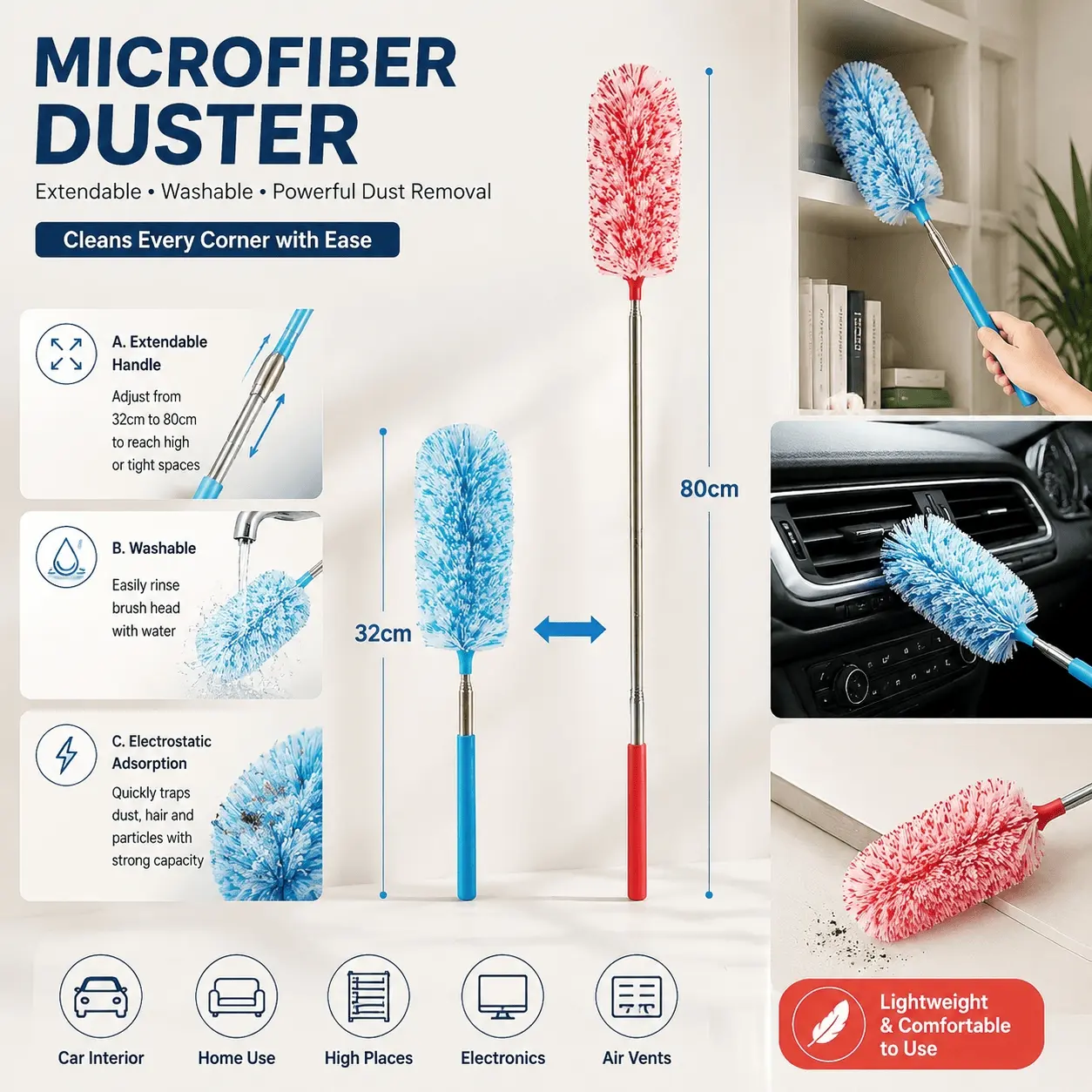 Extendable Detachable Microfiber Duster Brush for Home Office, Washable Anti-Static Dusting Tool for Blinds Lights Furniture, Dusters for Cleaning 3-Section Telescopic Handle Reusable Eco-Friendly Cleaning Brush