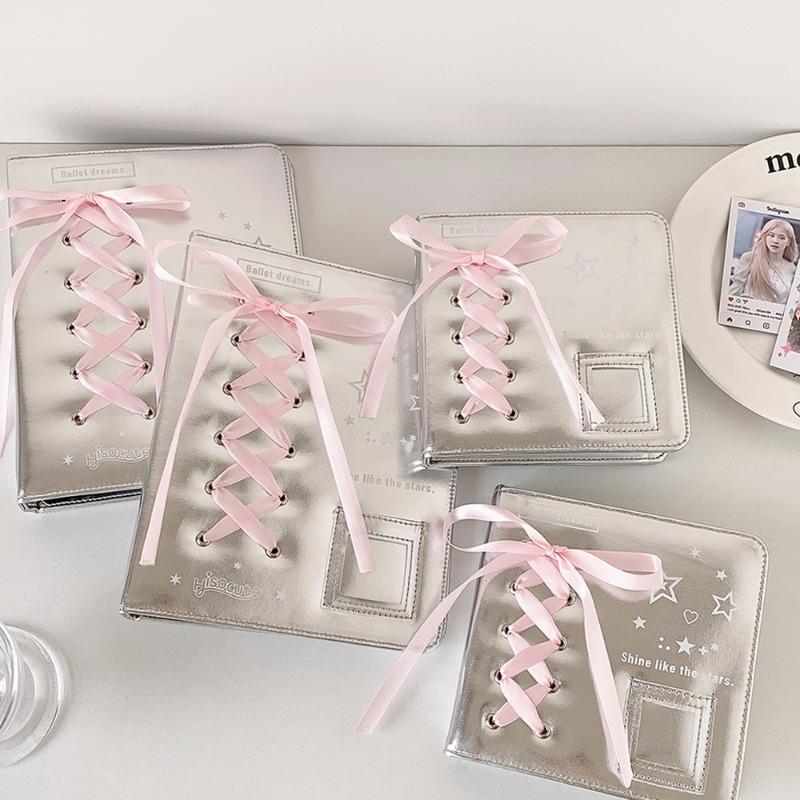 Silver Leather PU Photo Album Ballet Ribbon Photocard Binder 3 Inch Kpop Idol Card Collection Book A5 A7 Photo Albums INS Style