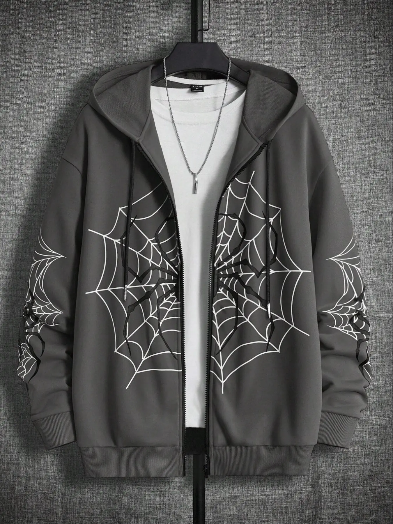 Dark Grey Men Y2K Goth Streetwear Zip Through Hoodie, Oversized Full‑Zip Jacket With Spider Web Graphic on Front and Sleeves, Cozy Soft Ribbed Cuffs Sweatshirt for Urban Going‑Out Daily Autumn Winter Street Outfit