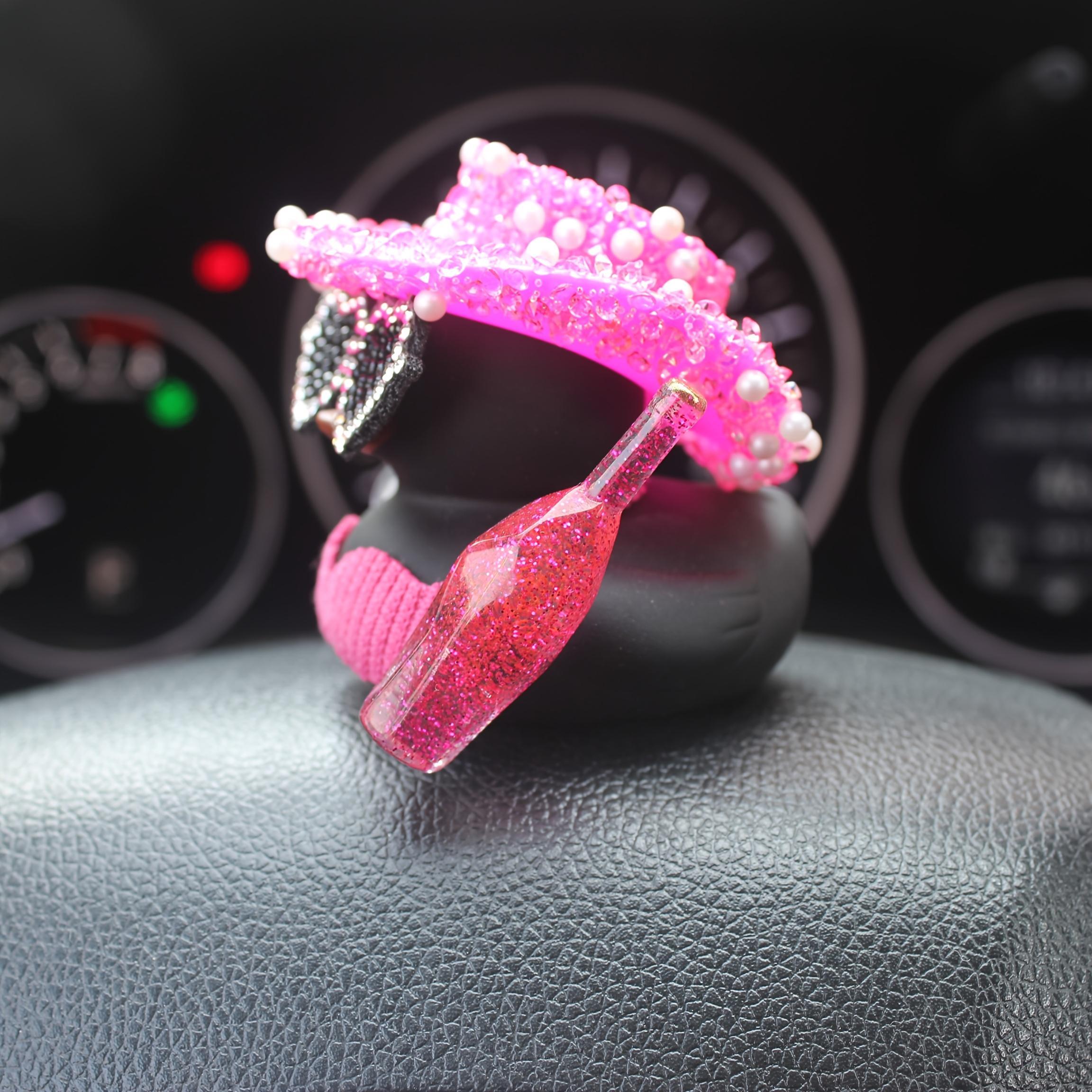 Cute Duck Car Dashboard Ornament Set, Black Duck with Pink Glitter Hat and Champagne Bottle Decor, Funny Car Interior Accessory for Dashboard, Motorcycle, Bicycle, Party Gift