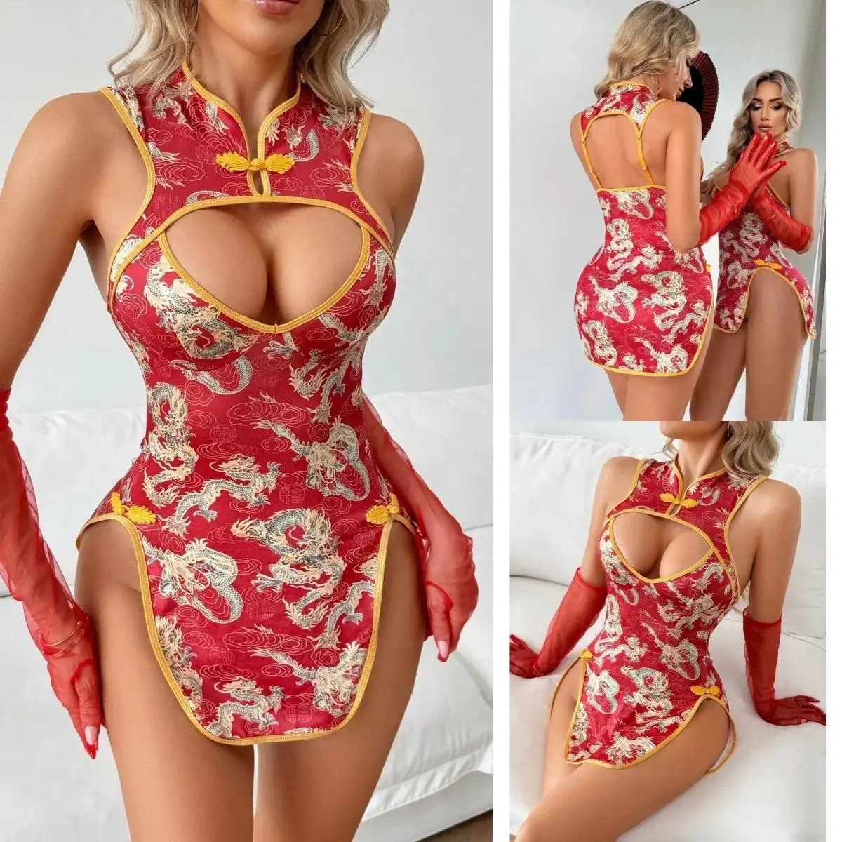 Women's Aesthetic Dragon Print Bodycon Mini Dress, Qipao Inspired Sleeveless High Slit Dress, Y2K Dragoncore Slim Fit Party Dress, Oriental Style Going Out Outfit for Date Night, Club, Festival & Vacation
