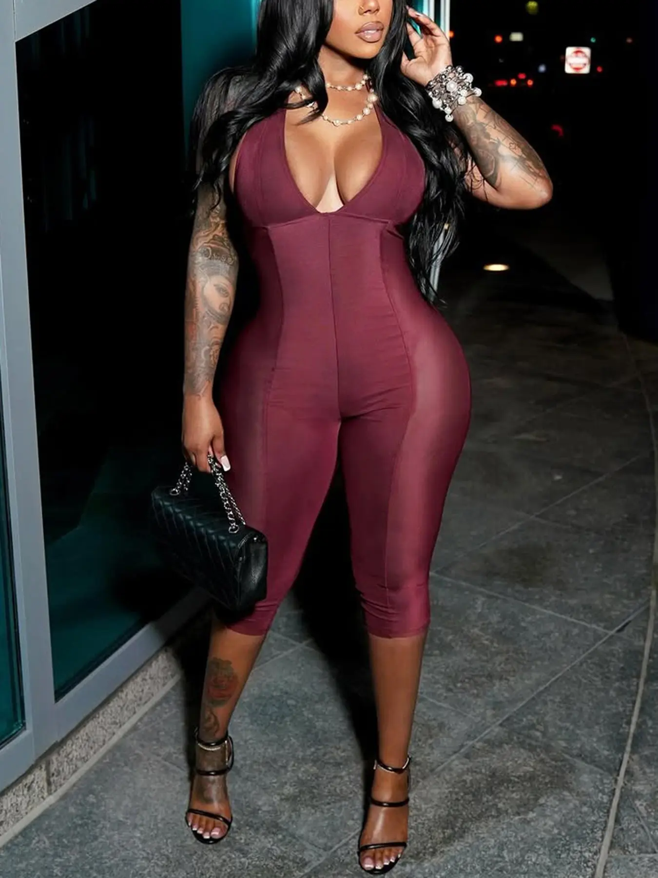 Women's Sexy Jumpsuit, Sleeveless High Waist Crop Capri, Plain Mesh Patchwork Low Neck Halter, Summer Outdoor Fashion