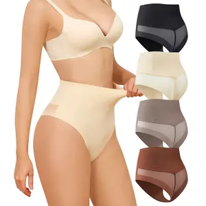 LEVAO Women's High Waisted Tummy Control Thong 4-Pack, Seamless No Show Shapewear Panties with Mesh Back