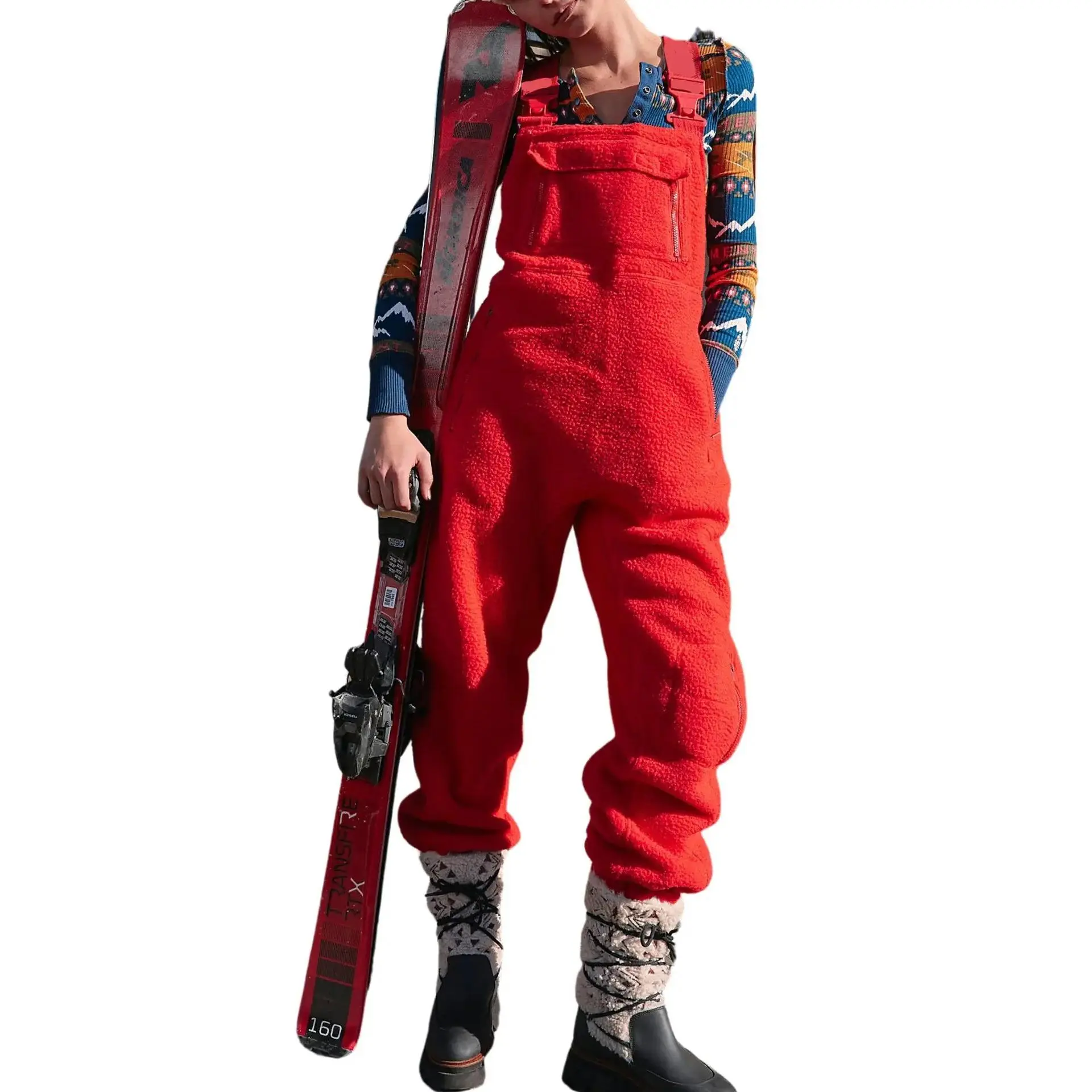 Women's Winter Warm Fleece Overalls - Casual Ski Bib Pants with Pockets, Below-Ankle Length, Long Sleeve