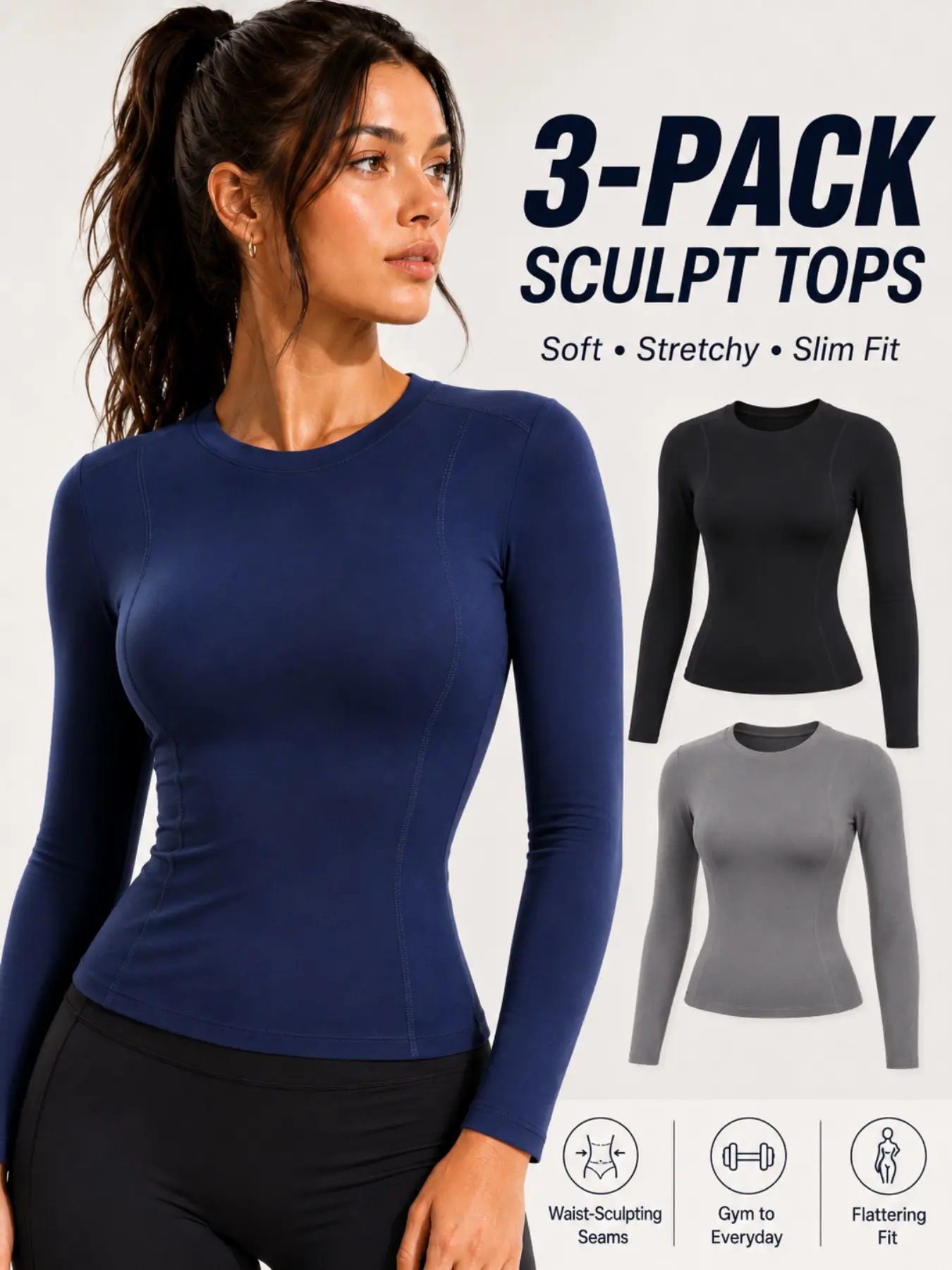 1/2/3 Pack Women Fashion Long Sleeve Yoga Tops, Athletic Top, Smooth Ice Silk High Stretch Crew Neck Basic Slim Fit Workout Tees, Figure Flattering Fitness Training Blouse, Multiple Colors Available, Modest Clothing