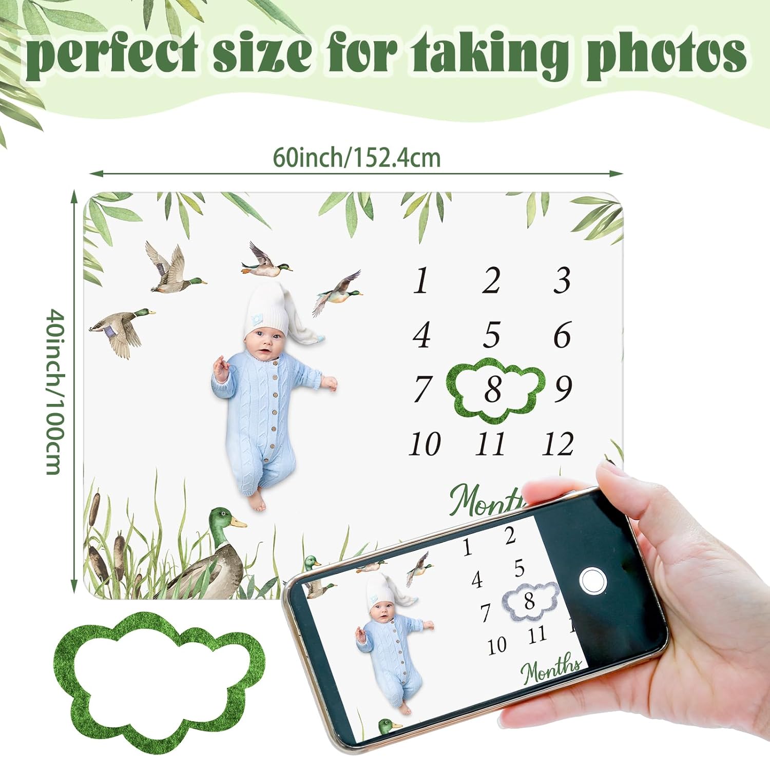 Mallard Duck  Monthly Milestone Blanket Months Blanket Mallard Duck Stuff Growth Chart Milestone  for Boy or Girl with Felt Marker, 40"x60"