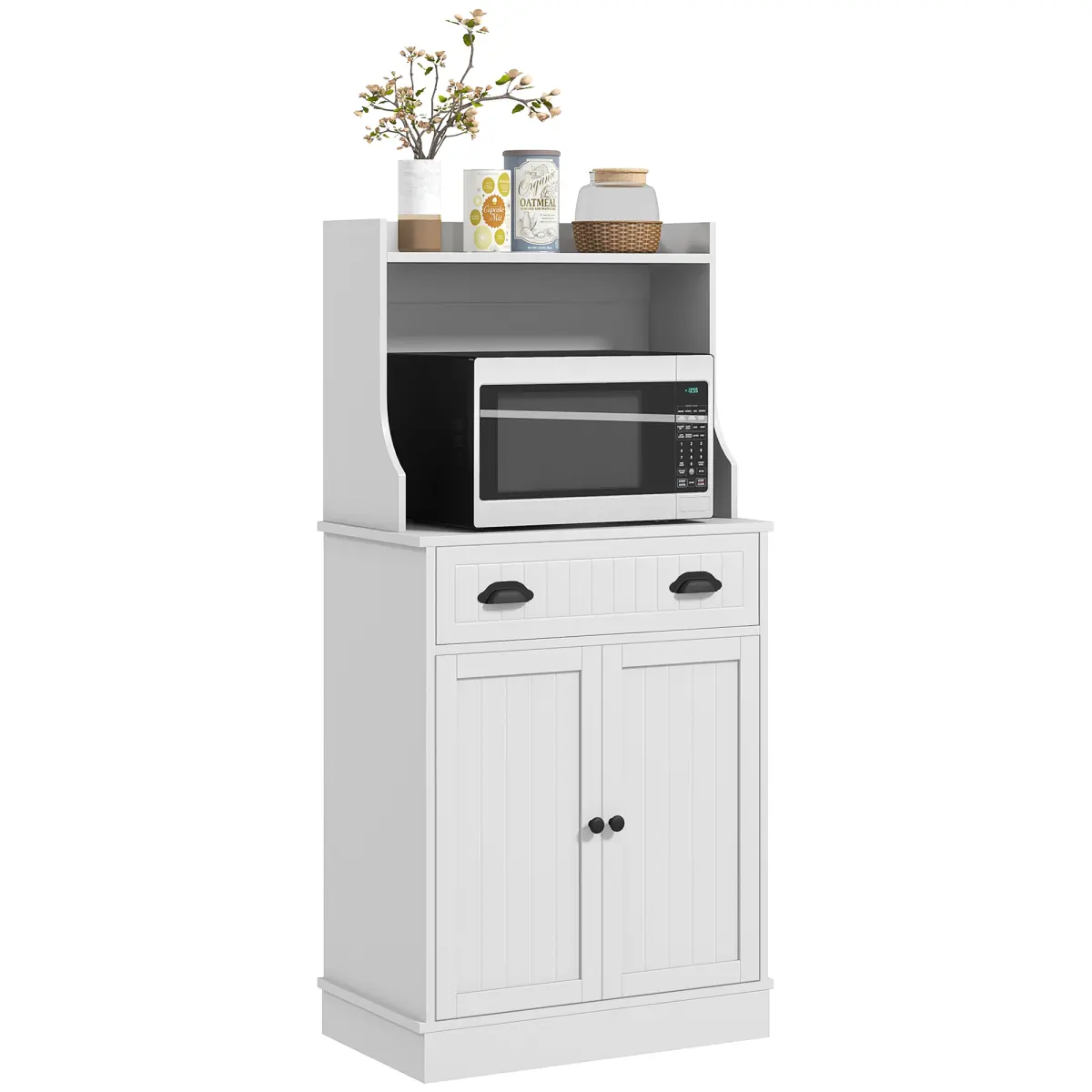 Microwave Cabinet with Storage Drawer, Double Door Cabinet and Adjustable Shelf, Buffet with Hutch and Cable Hole, Storage Cabinet for Kitchen, Dining Room, Living Room, White
