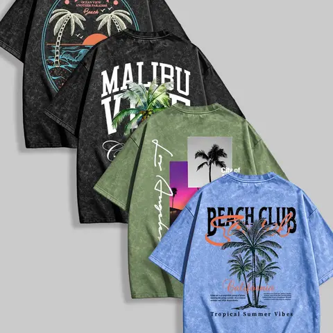 Men's Summer Plant Pattern Short Sleeve T-Shirt Set, Loose-Fit Baggy Casual Graphic Tee, Comfortable Outdoor Wear, 4-Piece Tops Pack, Graphic Print Tees