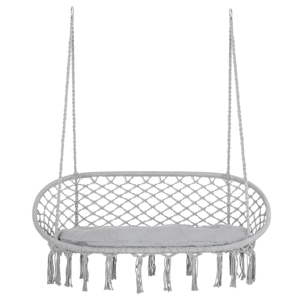 [Fahuac] Cotton 2-Person Seating Macrame Hanging Chair with Soft Cushion, Relaxing Boho Hammock Swing for Patio, Garden, Gray, 51.25" w x 29.5" d x 15.75" h, 704 lbs Weight Capacity