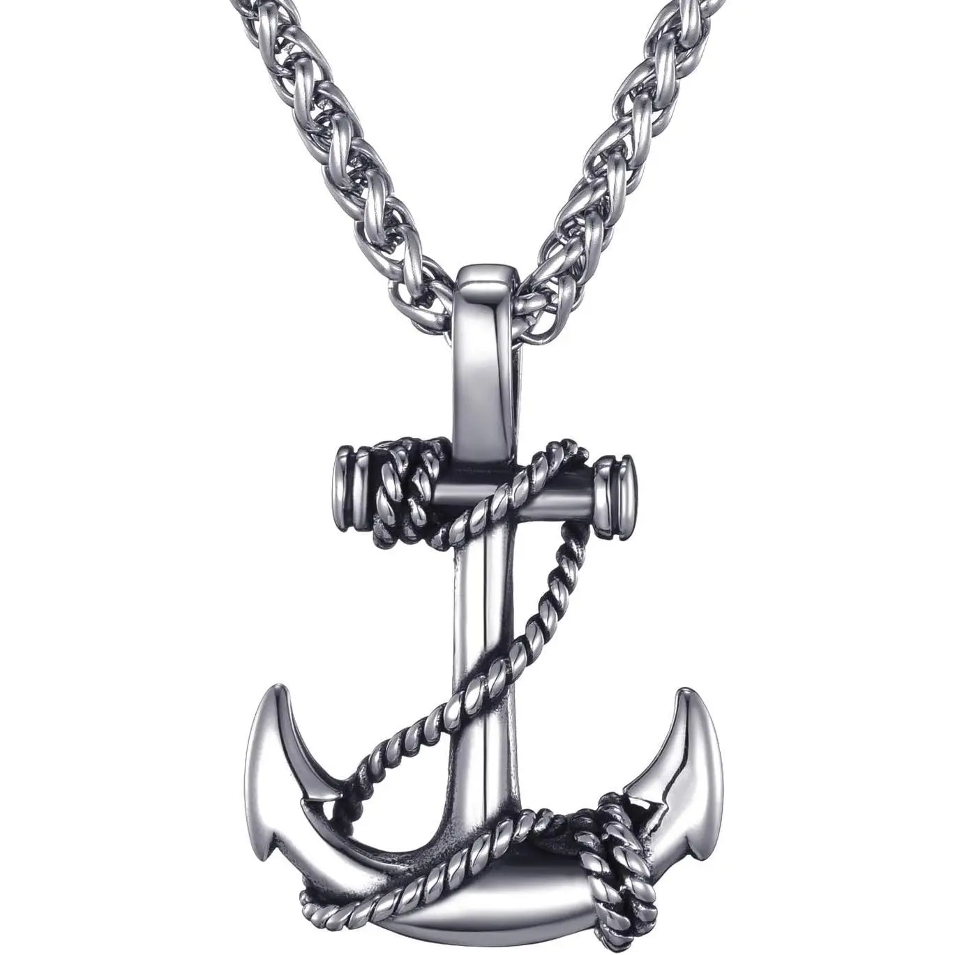 Mens Stainless Steel Nautical Anchor Necklace  Navy Mooring Rope Anchor Pendant with 24 Inches Link Chain