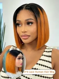 Trendy Color Human Hair Bob Wig, 4x4 Lace Closure 10 Inch Blunt Cut Straight Wig, Fashion Color Short Hair Style, Natural Lace Hairline, Comfortable Fit For Women