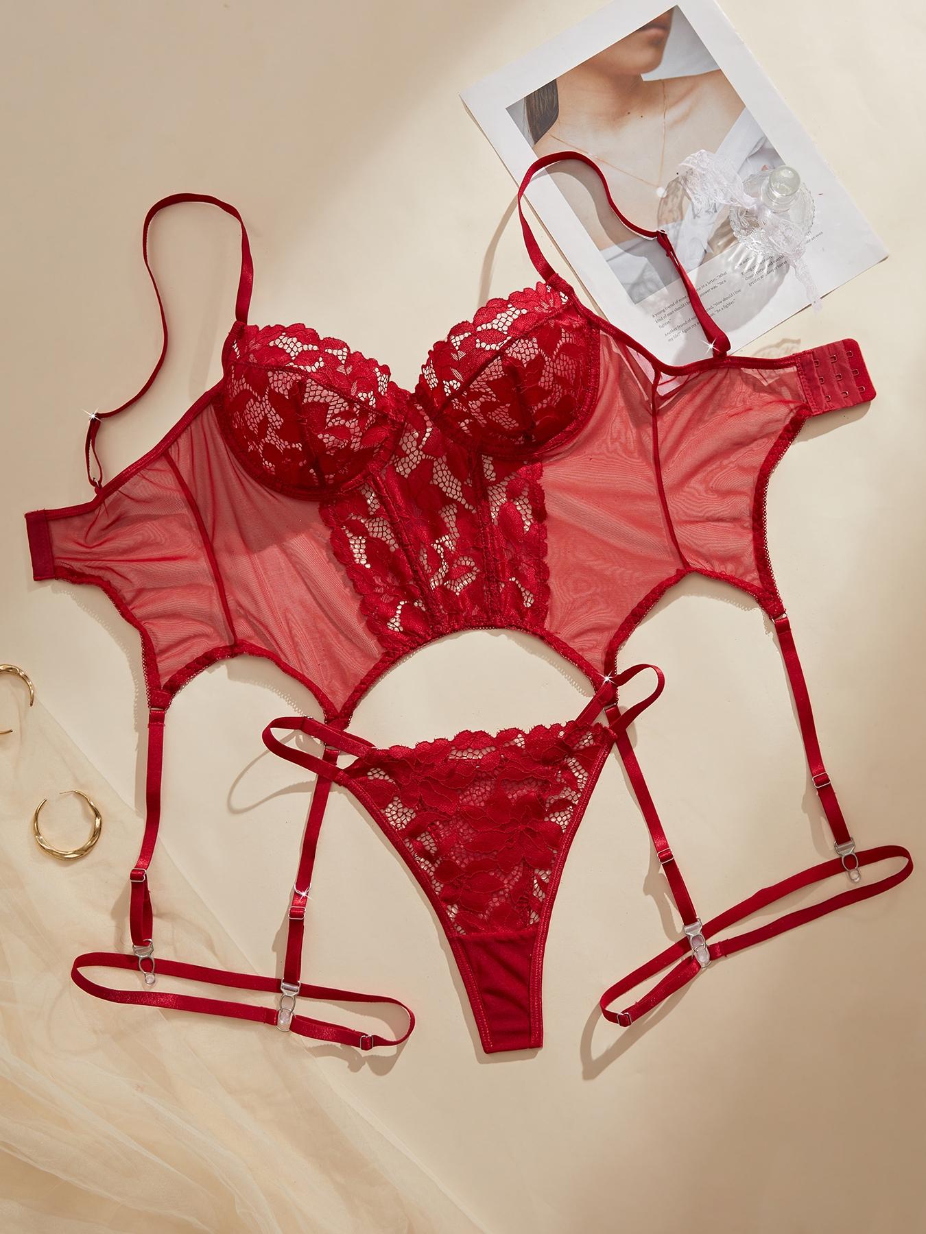 sexy red lingerie tumblr Women's Lace Lingerie Set, Underwear, Romantic Wine and Sexy Lace Nightwear  with Suspender Clips and Lace Panties, 2 Piece Leg Ring Ensemble, Bra,  Womenswear