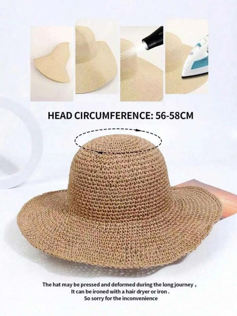 Women's Solid Color Straw Hat, Casual Outdoor Sun Protection Hat for Women & Girls, Fashion Accessories for Traveling & Beach Vacation