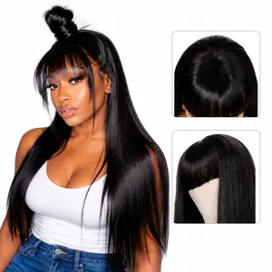 Human Hair Straight Wig with Fringe Bangs Real Put On & Go Glueless Wig for Women Soft Silky Straight Natural Look Beginner Friendly Wear Go Wig Daily Use Human Hair Bang Wig for Black Women Lightweight Realistic Scalp Finish Ready to Wear