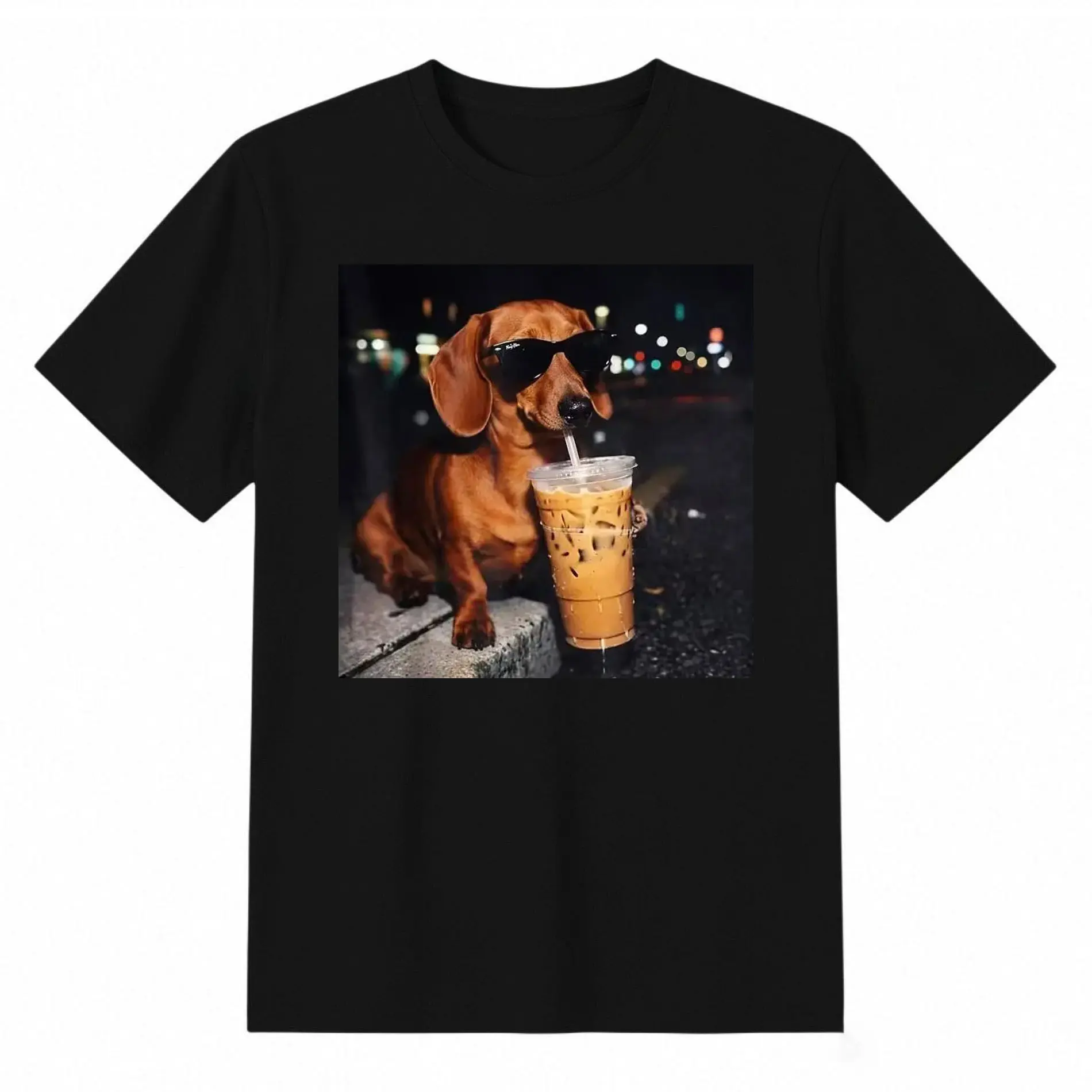 Men's Dachshund Iced Coffee Night Graphic  T-Shirt - Streetwear Menswear Shortsleeve Tee, Dog Lover Comfort Top, Oversized Casual Shirt, Birthday Gift for Dachshund & Coffee Fans, Denim, Print, Soft