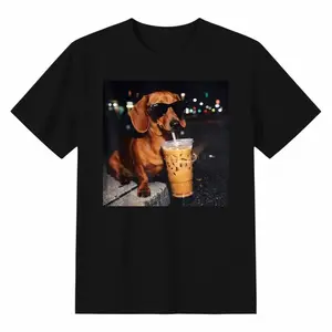 Cool Dachshund Drinking Iced Coffee Night Graphic Cotton T-Shirt, Dog Lover Comfort Tee, Trendy Fashion Outfit, Oversized Casual Shirt, Birthday & Coffee Lover Gift For Dachshund Fans