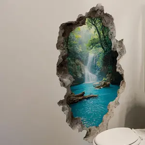 Forest Waterfall Decorative Wall Sticker, Wall Decal, Broken Wall Design, Nature-Inspired Decor, Easy to Apply, Perfect for Home and Office Decoration