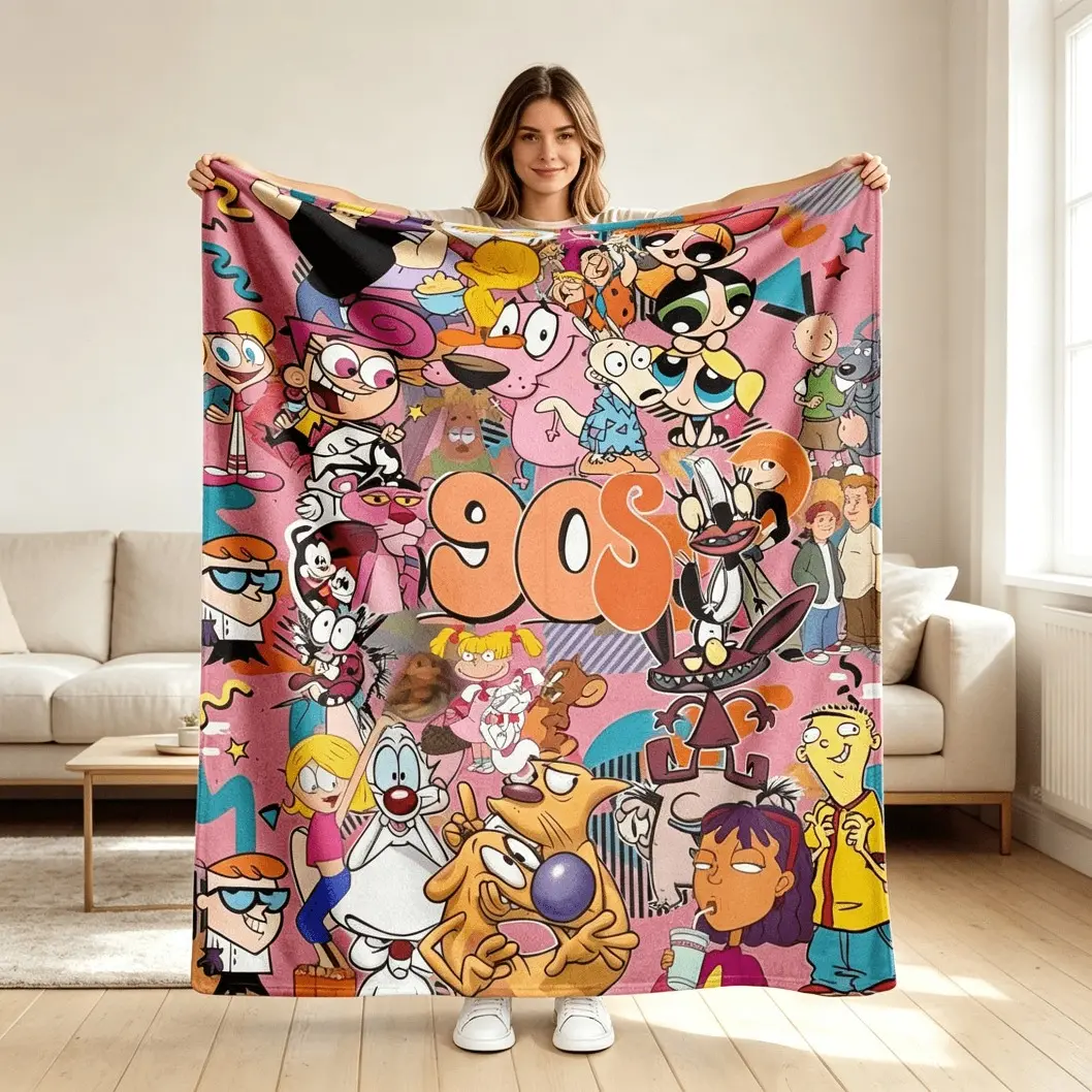90s Nostalgic Cartoon Character Collage Pattern Flannel Blanket, Retro Print Ultra-Soft Lightweight Warm Throw Blanket, Wrinkle Resistant Plush Blanket for Bedroom Home Decor, Sofa Bed Travel, Kids Blanket Adult Blanket for Kids & Adults, Birthday Gift