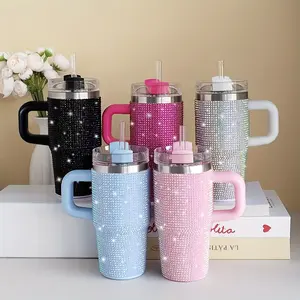 14oz Shiny Stainless Steel Car Cup with Handle Straw, Diamond Water Diamond Decoration, Insulated Hot And Cold Outdoor Sports Portable Coffee Mug, Mug, Perfect for Car. Home. Travel. Holiday Gift.