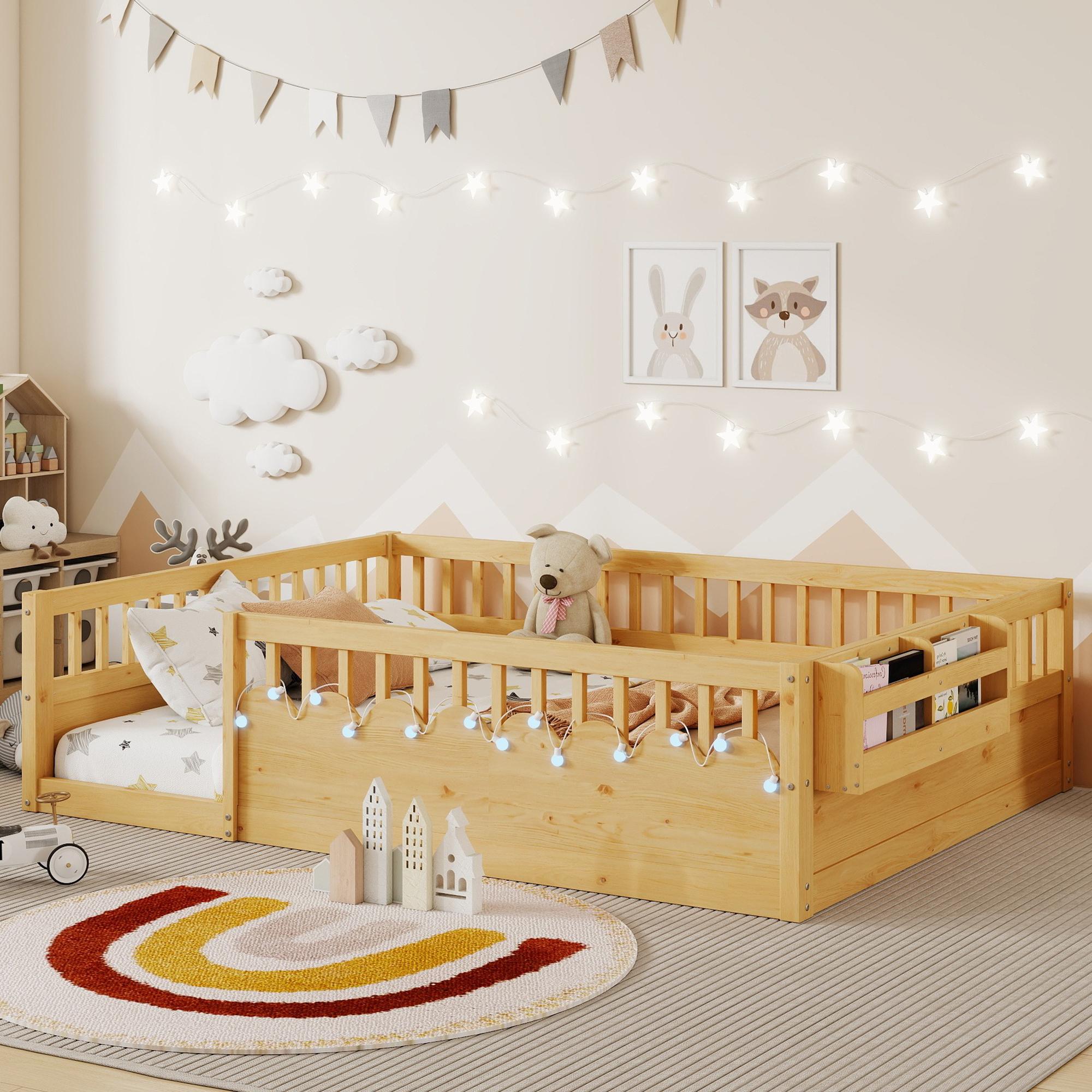 Full Size Natural Wood Montessori Floor Bed 78.5*56.6*19.7 Inch with LED Lights Storage Shelf High Guardrails Anti-Pinch Safety Design Low Profile Kids Bed Frame for Bedroom Playroom