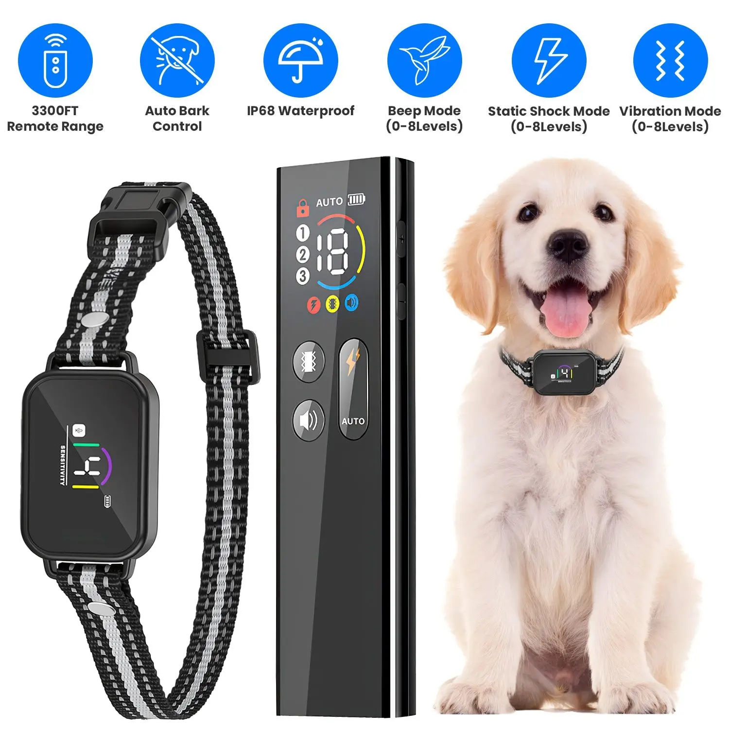 2-in-1 Dog Training & Bark Control Collar with Remote Control - 3300ft Remote Range, Static Shock, Beep Mode, Rechargeable Battery, Waterproof All-Season Behavior Aid for Small, Medium Breeds