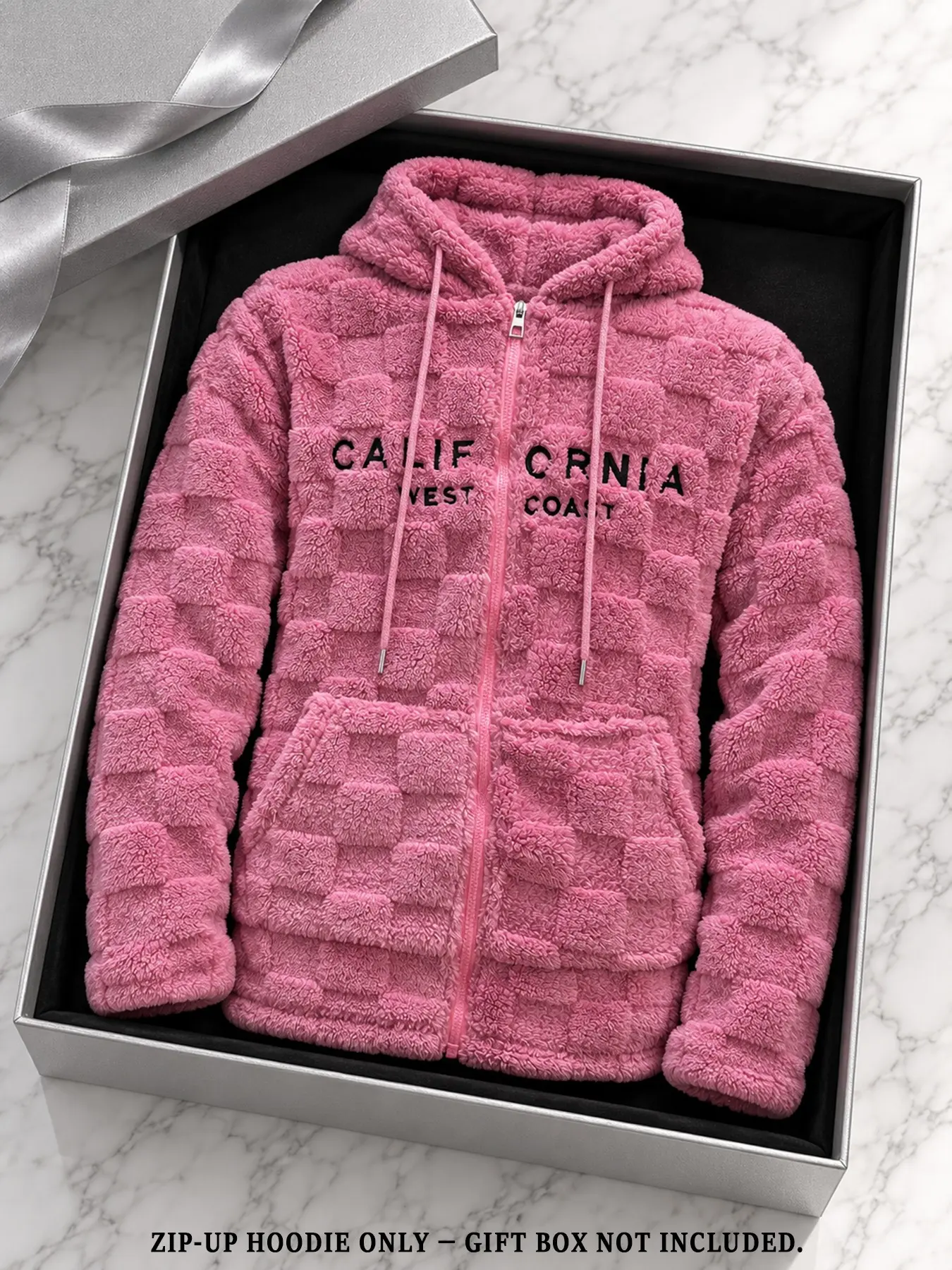 Men's Hooded Fleece Zipper Jacket, West Coast Street Style, Soft Textured, Drawstring Hood, Full Zip, Front Pockets, California Lettering, Loose Hoodie Jacket