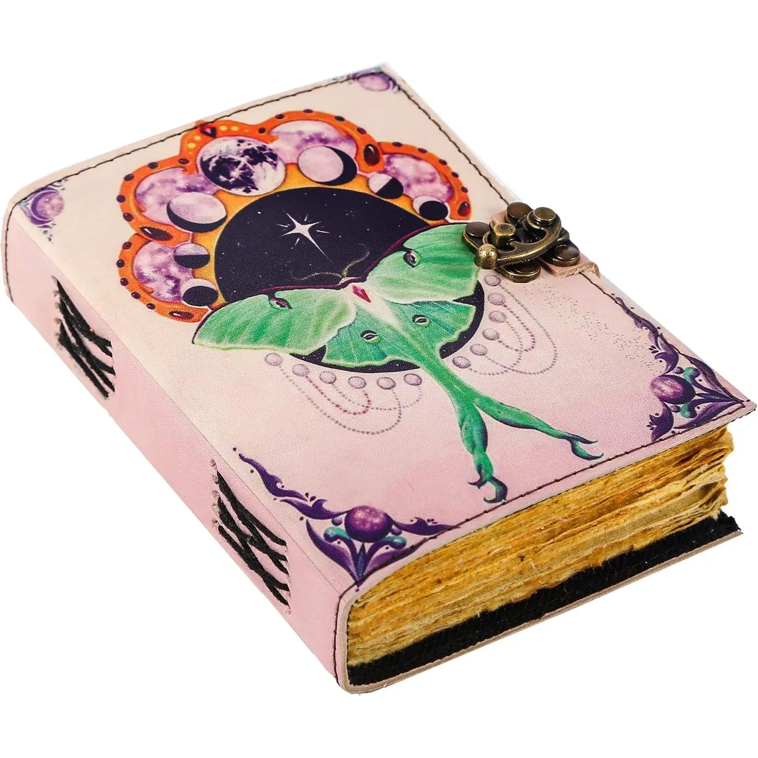 Blank Spell Book of Shadows Journal for Men & Women 200 Pages with Lock Clasp   Leather Luna Moth Deckle   Paper, Leather Sketchbook, Drawing Journal, Printed Leather