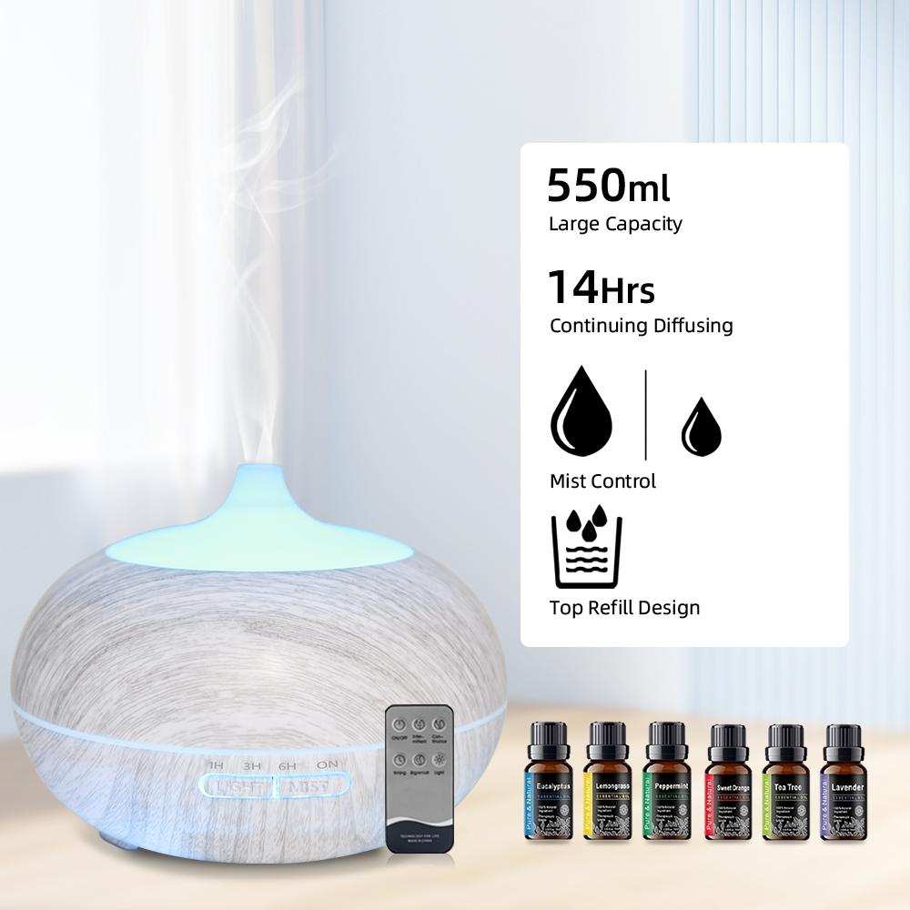 550ml Wood Grain Aromatherapy Diffuser with Remote Control, 6 Essential Oils & 7 Color LED Light, Ultrasonic Humidifier for Large Room, Anxiety Relief, Eco-Friendly PP Material, Perfect Gift for Meditation & Relaxation