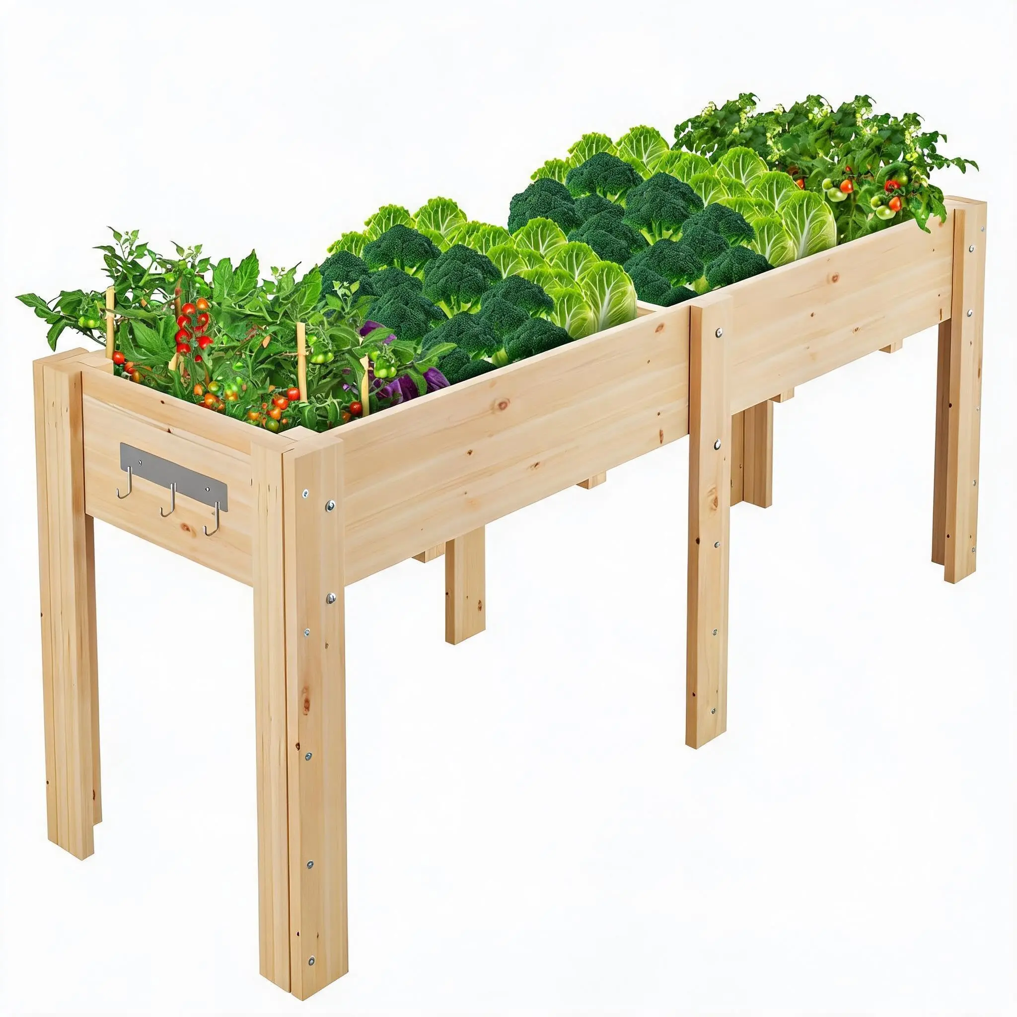 GARVEE Rustic Elevated Wooden Rectangular Raised Garden Bed, Long Size Varnished Outdoor Planter Box with Side Hooks for Vegetables, Flowers