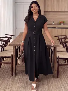 Plus Size Women's Spring Summer French Elegant Office Casual Suit Neck Waist Cinch Silver Color D-Ring Belt Metal Buckle A-Line Long Dress