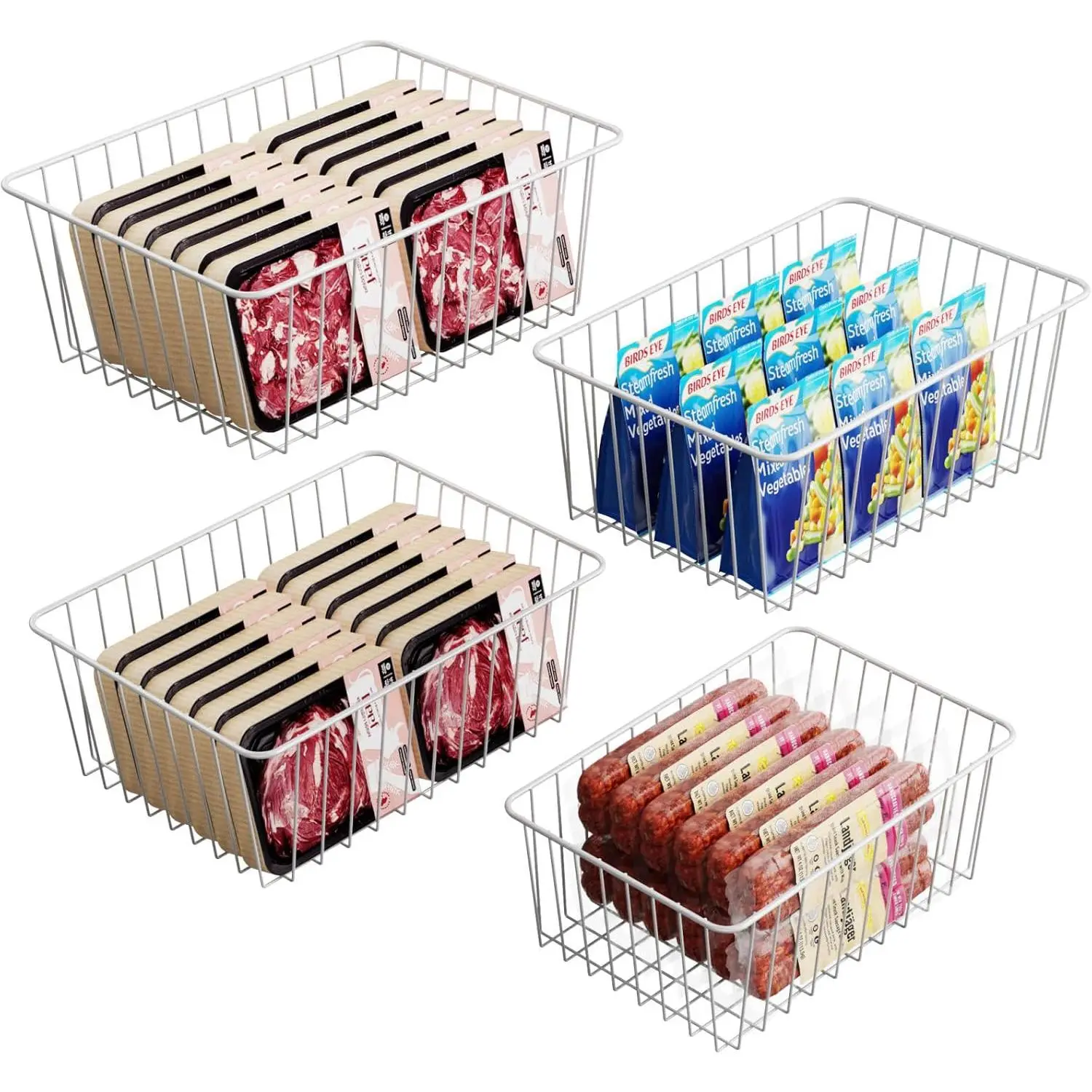 Freezer Organizer Bins - For 16/17/21 Cu Ft Upright Freezer, 4 Pack| Wire Baskets 2 Large & 2 Medium Sizes, Slide-Out for Easy Access, Prevent Food Falling Out, Keep Stand-Up Freezer Tidy, White