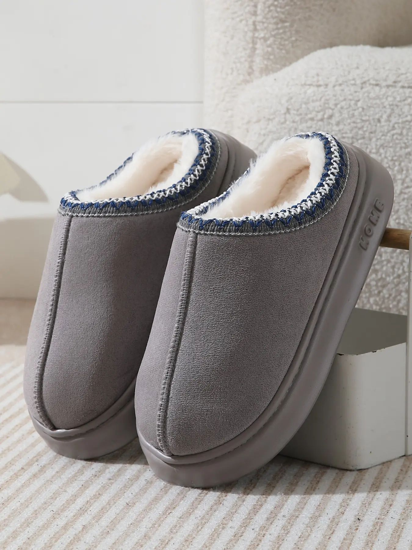 Women's Vintage Ethnic Braided Edge Suede Slip-On Slippers, Thick Sole Warm Anti-Slip Home & Outdoor Shoes, Fall Winter Cozy Footwear