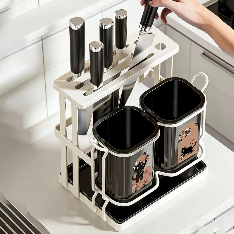 1pc Carbon Steel Kitchen Utensil, Knife Organizer, Kitchenware with 2 Utensil Buckets, 2-In-1 Countertop & Wall Mounted Storage Rack, Detachable Drip Tray, Cat Pattern Design, Durable, Ideal for Storing Knives, Chopsticks, Spoons, Cooking Tools