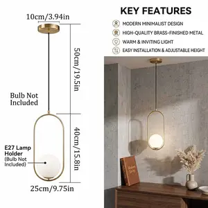 Minimalist Artistic Single Head Pendant Light, High-Quality Brass Finish, Adjustable Height, E27 Socket, Ideal for Entryway, Bar, Bedroom