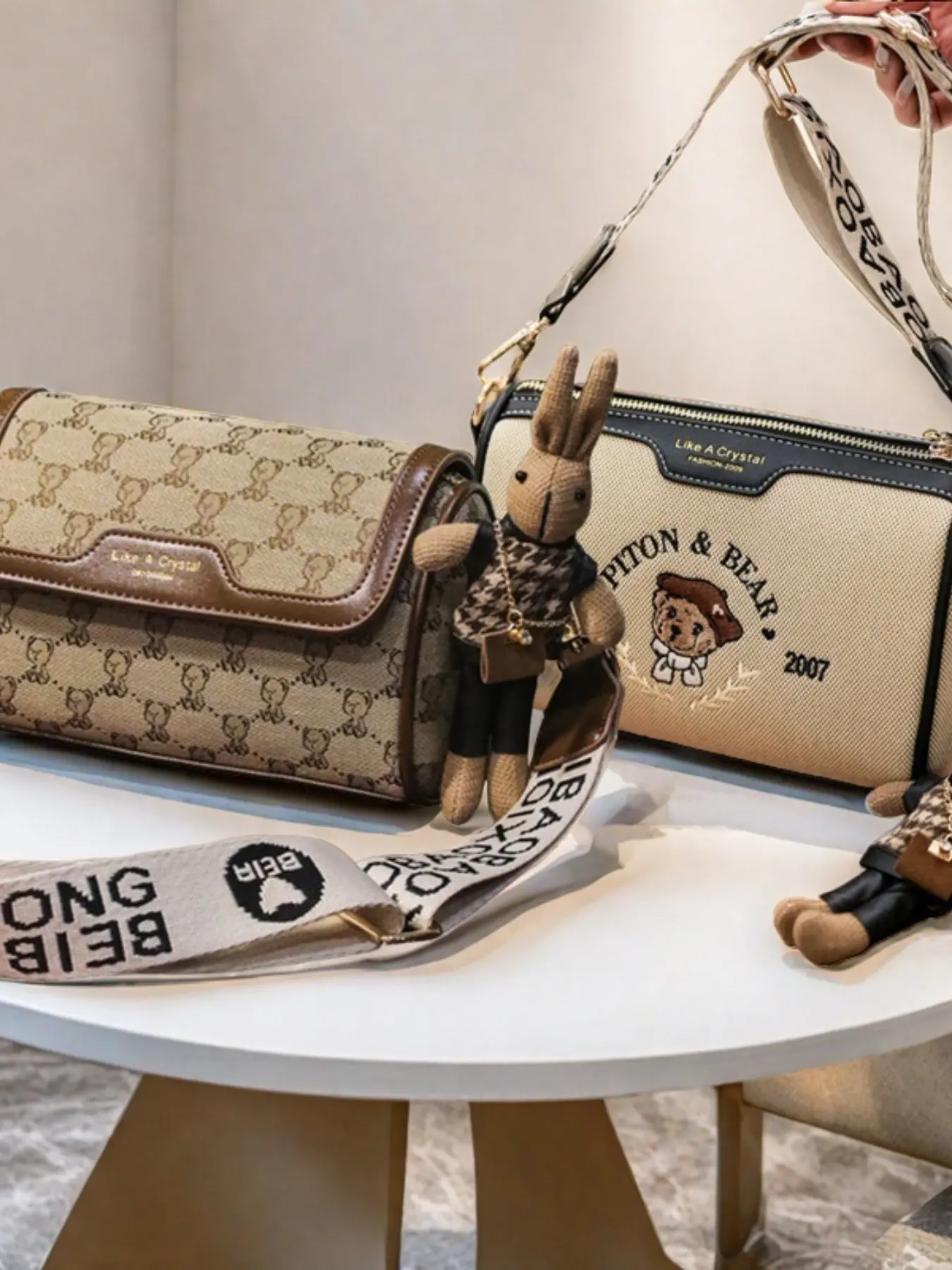 Vintage Bear Embroidery Mini Box Crossbody Bag, Retro Monogram Cylinder Shoulder Purse With Wide Strap & Bunny Charm For Women Girls