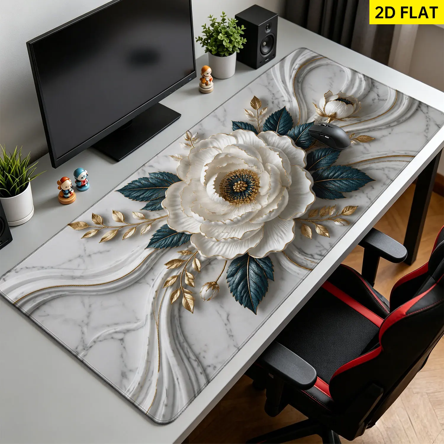 Extra Large white marble floral art Mouse Pad,Non Slip Rubber Pad,Desktop Decoration Drotection Pad,Washable,Lock Edge Multi Size,Premium Multipurpose Mousepad For Home,Office,Gift for Family and Friends