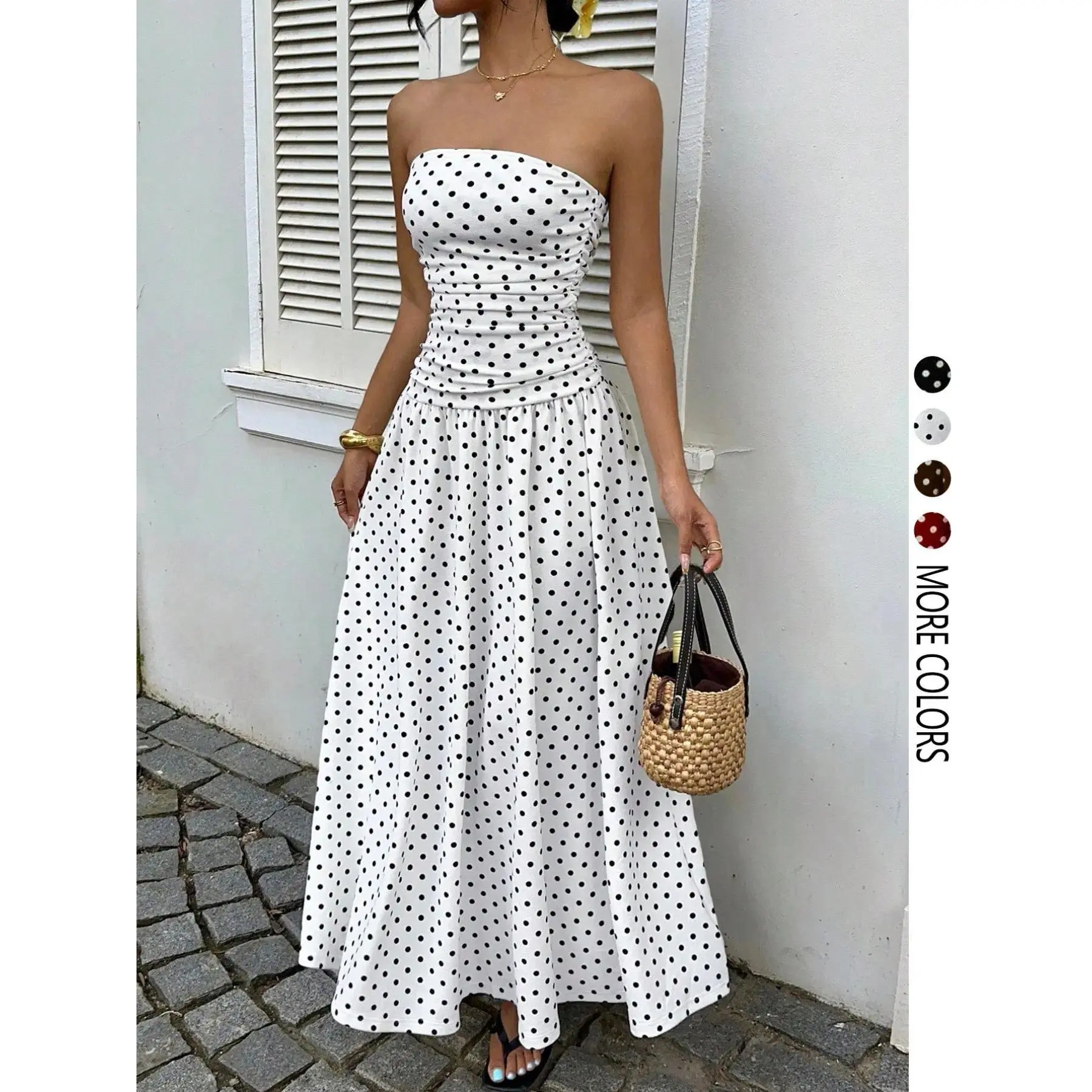 Women’s Polka Dot Strapless Maxi Dress, Elegant Sleeveless Formal Evening Dress for Parties, Weddings and Casual Wear